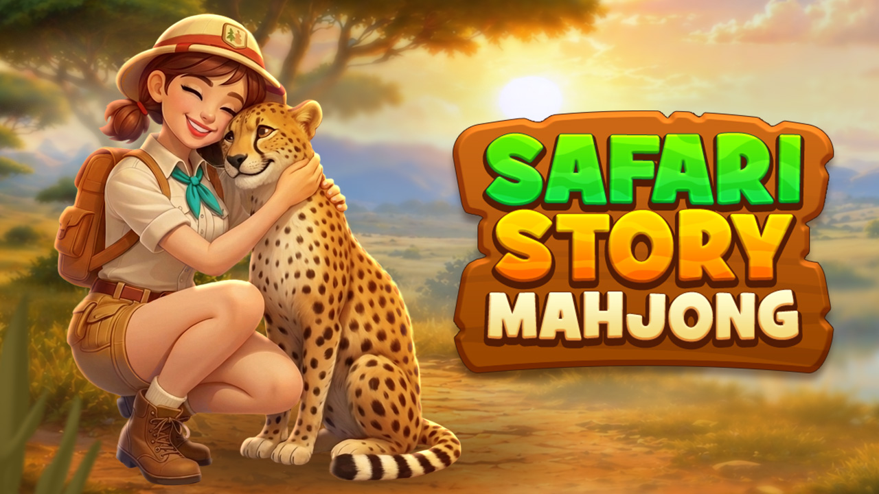 Safari Story Mahjong gameplay showing layered animal tiles on a jungle backdrop